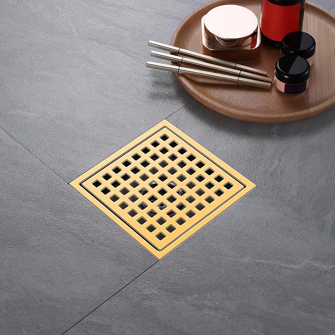 Shower Drain, Brushed Gold 6 inch Shower Floor Square Drain - Image 7
