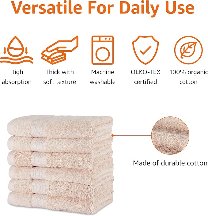 Amazon Basics Fade-Resistant 100% Cotton Hand Towel, 6 Pack, Blush Pink - Image 2