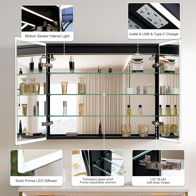 WELLFOR 36" X 30" LED Mirrored Medicine Cabinet, Medicine Cabinets - Image 11