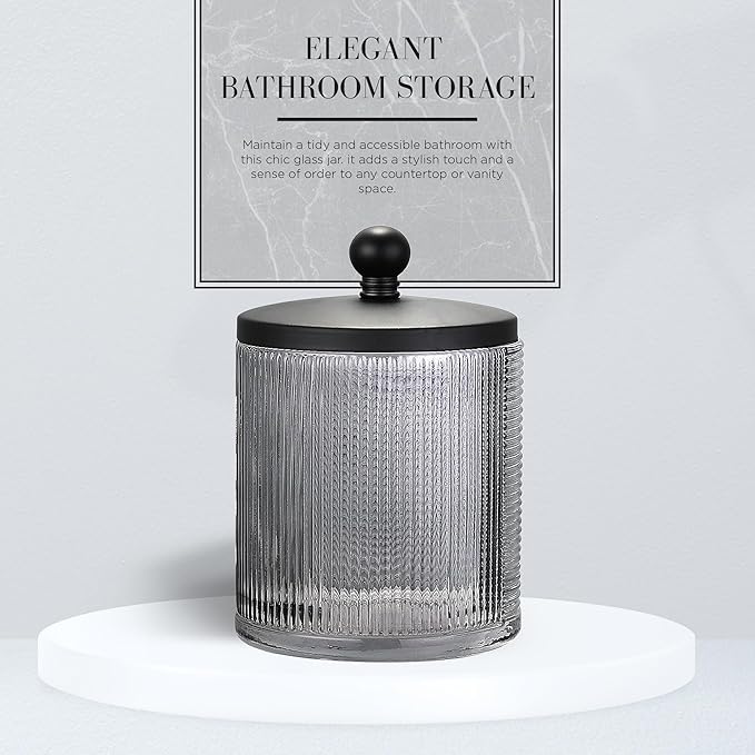 Gray Colored Tranlucent Apothecary Ribbed Geo Etched Glass Jar W/Matte Black - Image 5