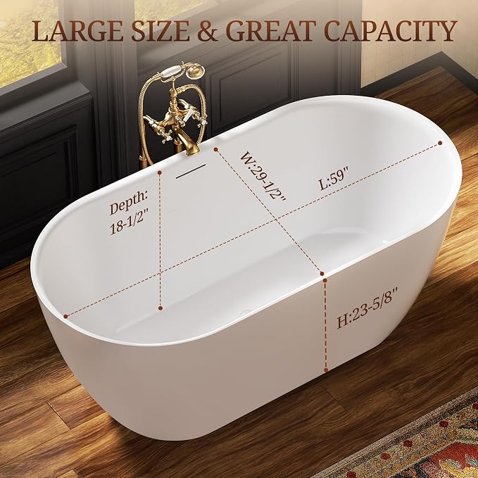 59" Acrylic Freestanding Bathtub, Deep Soaking Tub - Image 6