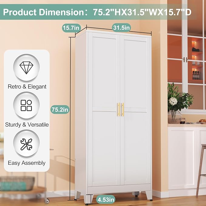 Metal Pantry Cabinet with 2 Doors and 5 Adjustable Shelves, Versatile Storage - Image 2