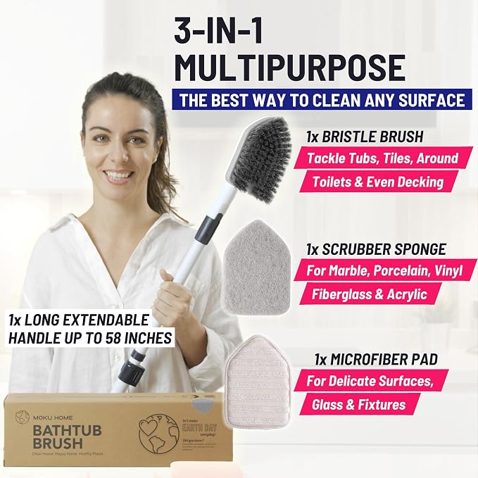 Shower Scrubber 3 in 1 Extendable Long Handle 58" Cleaning Brush - Image 2