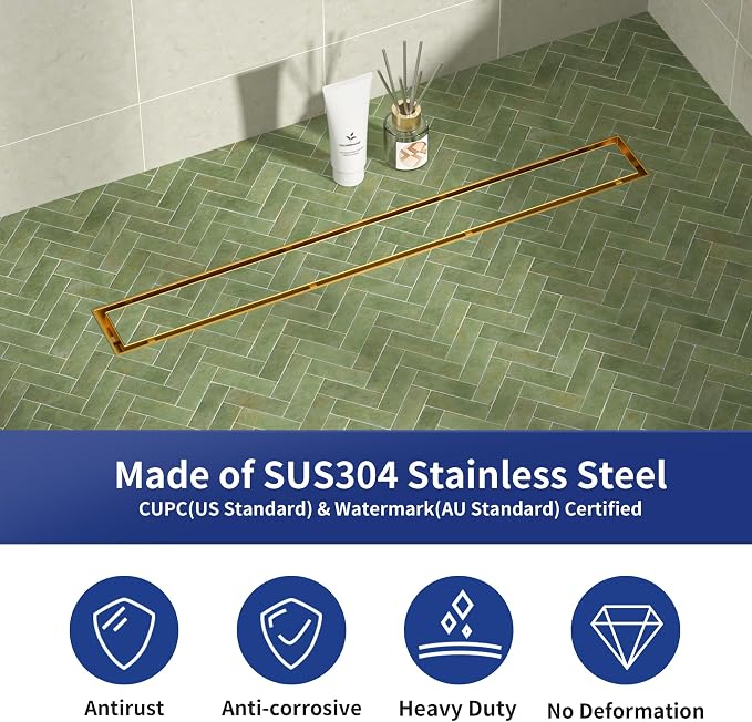 Linear Shower Drain 24", Brushed Gold Floor Drain - Image 4