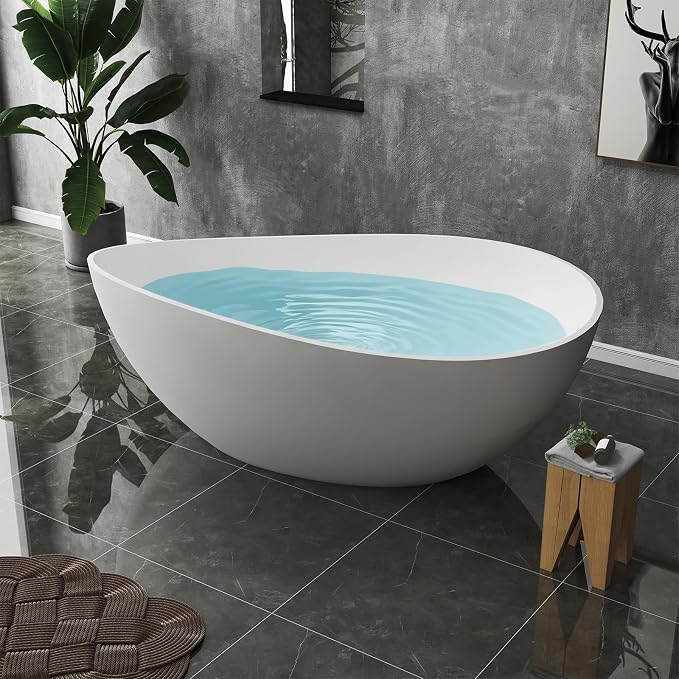 63 Inch Stone Resin Freestanding Bathtub, Modern Oval Soaking Bathtubs Tubs - Image 7