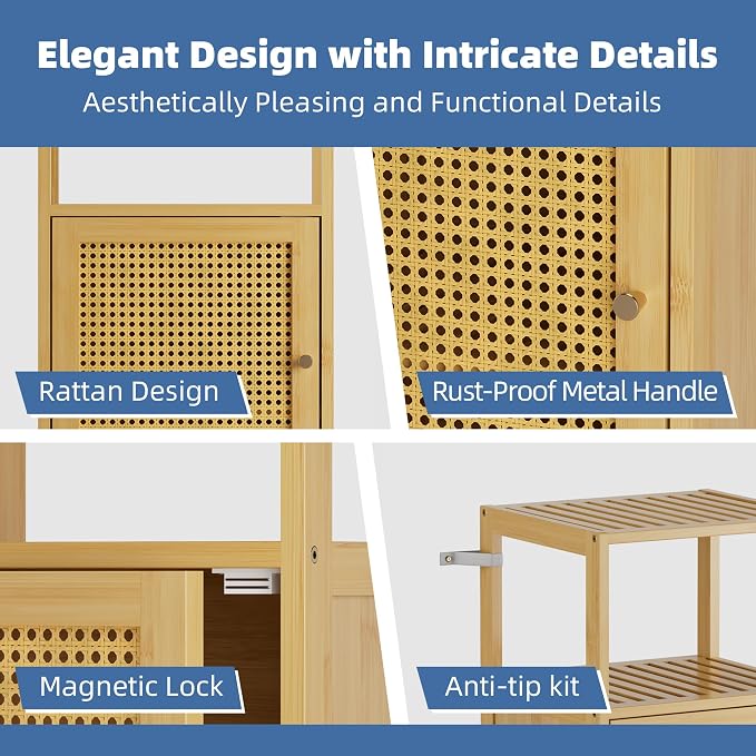HITNET Rattan Bathroom Storage Cabinet, Small Bamboo Floor Cupboard - Image 6