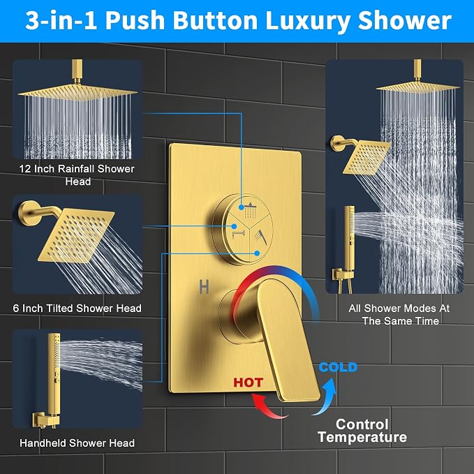 Shower Faucet Set, 3-Setting Push Button Brushed Gold Shower System, 12 Inch - Image 3