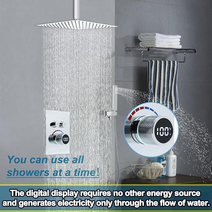 Digital Display Shower System Set 16 Inches Rain Fall Head Temperature Valve - Image 4