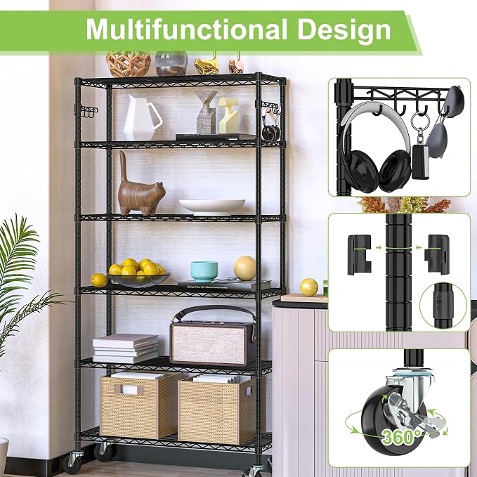 6 Tier Storage Shelves with Wheels Heavy Duty Wire Rolling Shelving Rack - Image 4