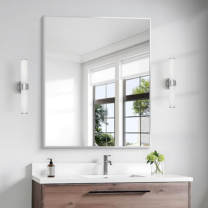 BONEWEI Silver Bathroom Mirror, 30x36 inch Wall Mirror by BONEWEI