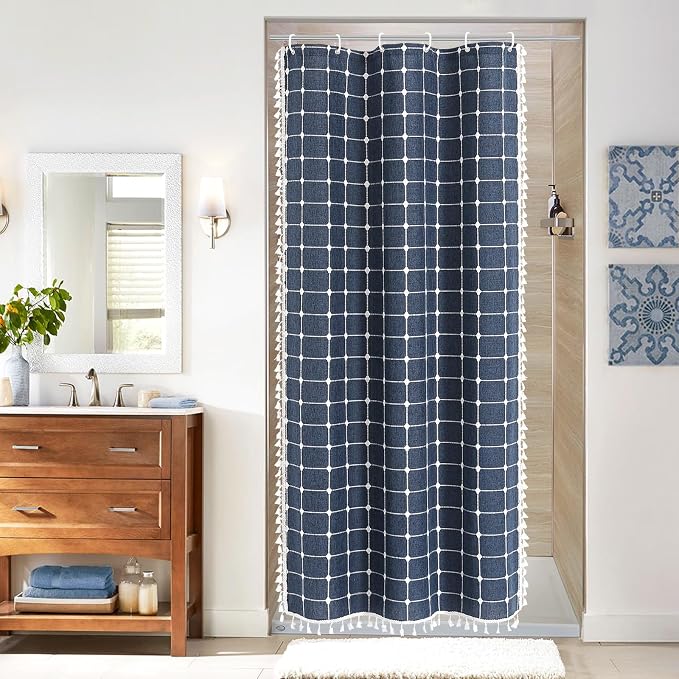 MitoVilla Navy Blue 36 x 72 Boho Small Stall Shower Curtain, Narrow Polyester by MitoVilla