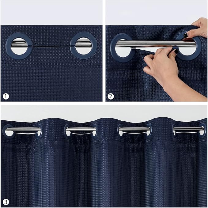 MitoVilla Navy Blue Waffle Long Shower Curtain Liner Set 72 x 80, No Hooks - Image 4