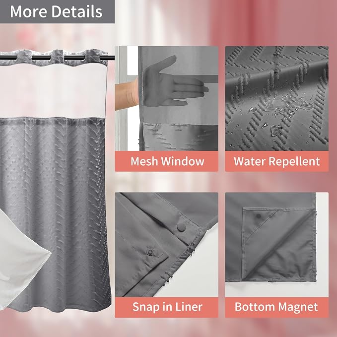 Hookless Shower Curtain with Snap in Liner 71" x 86" Double-Layer Waterproof - Image 3