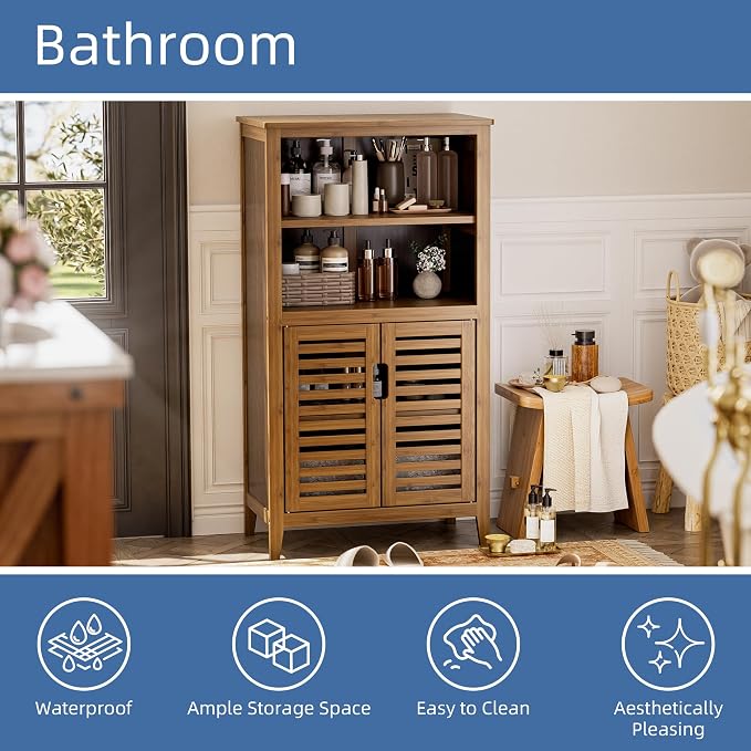 HITNET Walnut Bathroom Floor Cabinet, Bamboo Side Tall Storage Organizer - Image 5