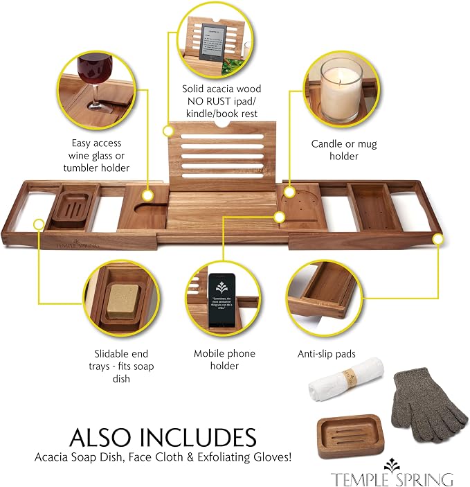 Temple Spring Wooden Bathtub Tray, Acacia Bathroom Accessories, Bath Tray - Image 2