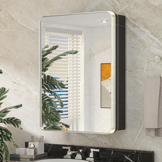 Keonjinn 24 x 32 Inch Brushed Nickel Mirrored Medicine Cabinet, Recessed by Keonjinn