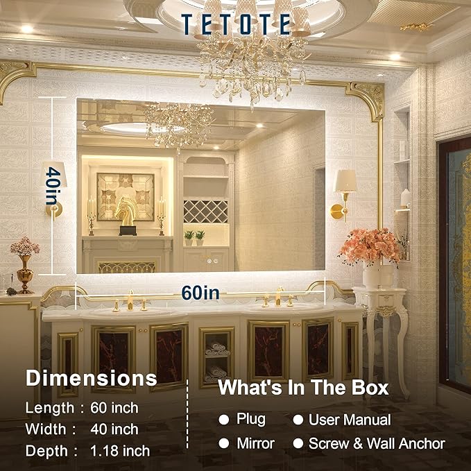 TETOTE 60 x 40 Inch LED Backlit Bathroom Mirror - Image 6
