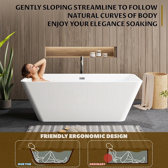 66'' Acrylic Freestanding Bathtub, Deep Soaking Tub - Image 5
