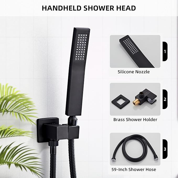 Shower Faucet Set, Matte Black Rainfall Shower System Complete Wall Mounted - Image 5