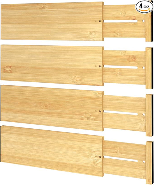 BAMEOS 4 PCS Bamboo Drawer Divider Adjustable Drawer Dividers Kitchen Drawer by BAMEOS