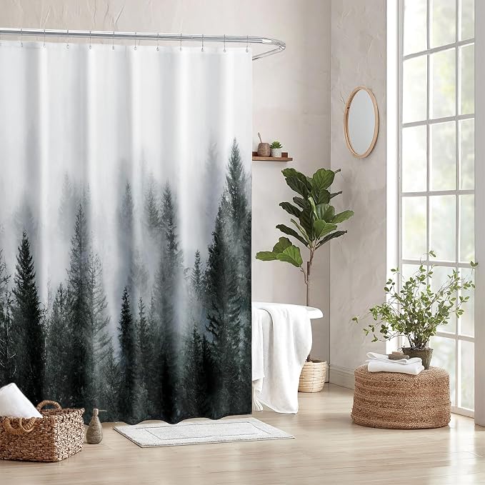 ORTIGIA 84 Inch Long Dark Green Misty Forest Shower Curtain - Image 6