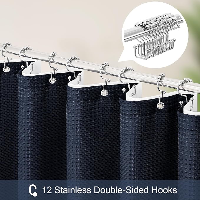 3 in 1 Extra Long Navy Blue Shower Curtain Set-72 W x 84 H, Modern Waffle and - Image 3