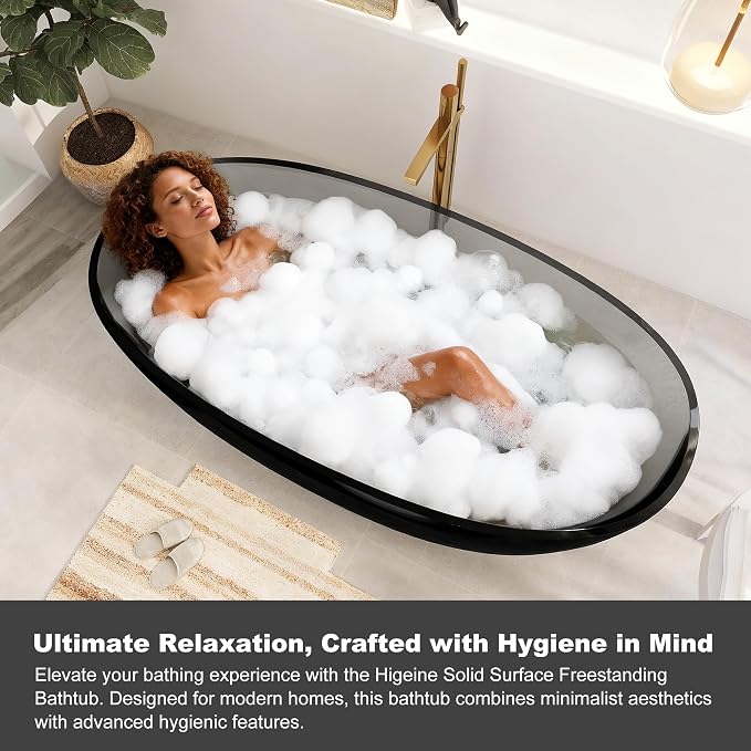 71" Premium Solid Surface Freestanding Bathtubs, Upgraded Transparent Dark Grey - Image 5