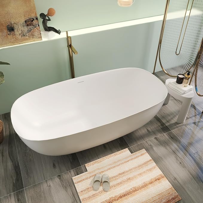 67" Upgraded Modern Solid Surface Free Standing Tub, Unique Matte White Stone - Image 2