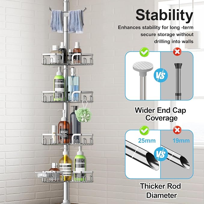 Corner Shower Caddy Tension Pole, 39-113 inch Adjustable Rustproof Floor - Image 6