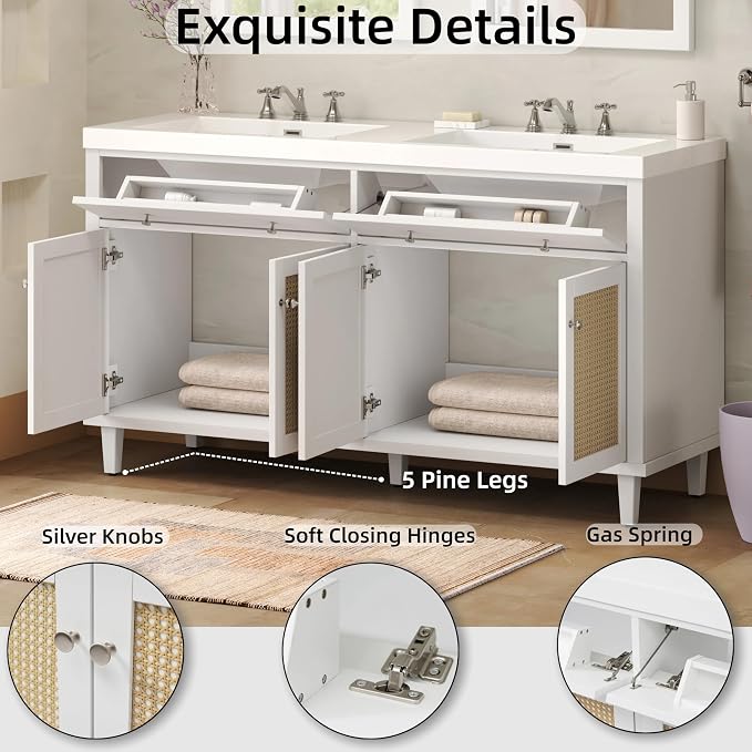 60 Inch Bathroom Vanity with Double SMC Sink Combo Set, Large Double Sink - Image 3