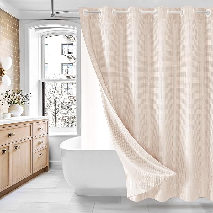 MitoVilla No Hooks Needed Pink Waffle Shower Curtain Liner Set, Modern Waffle by MitoVilla