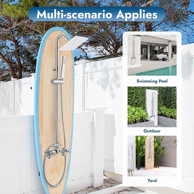 Wall Mount Outdoor Shower Kit Polish Chrome 6" Square Rainfall Shower Head - Image 7