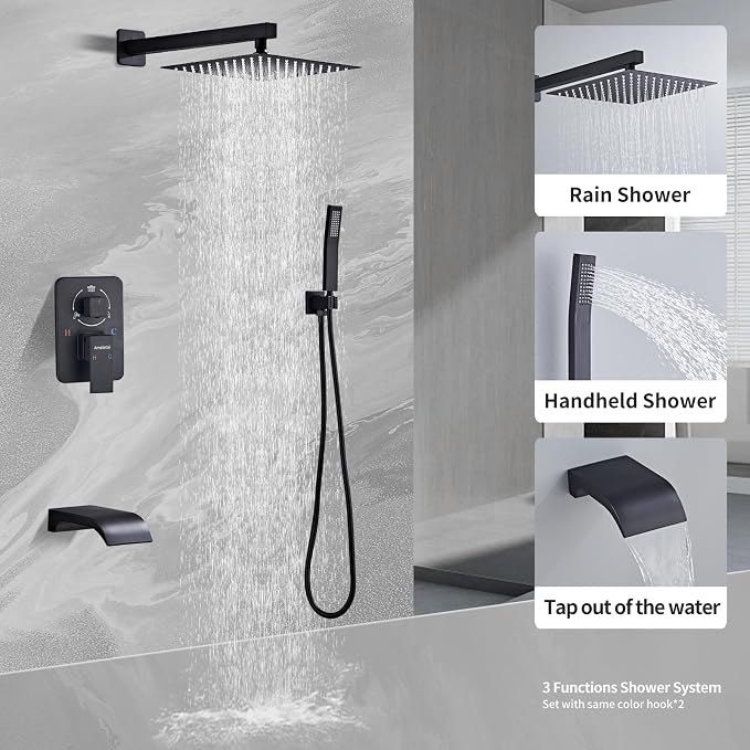 10" Matte Black Shower Faucet Set – Square Rainfall Showerhead + Handheld & - Image 2