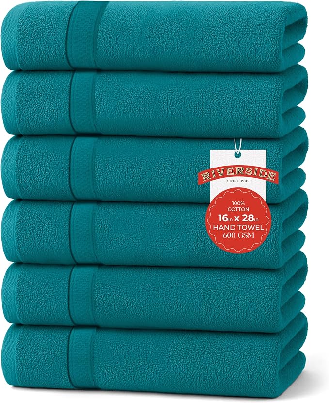 RIVERSIDE 6 Pack Premium Hand Towels Set, 16x28 inches, 100% Ring Spun Cotton by RIVERSIDE