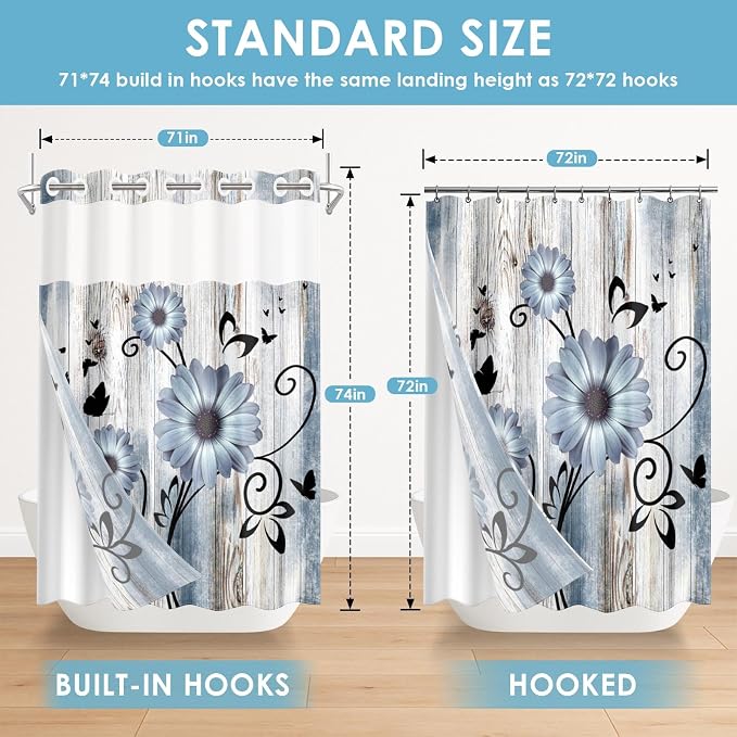 No Hook Blue Flower Shower Curtain - Image 7