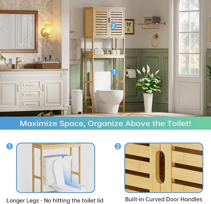 SMIBUY Bathroom Over The Toilet Storage Cabinet, 2 Door Bamboo Cabinet Organizer - Image 8