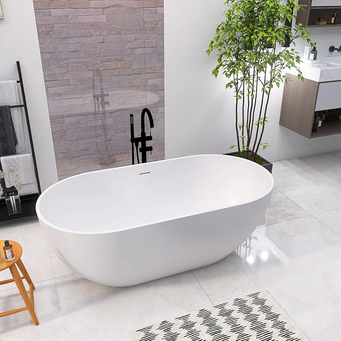 59 Inch Freestanding Bathtub Oval Shaped Solid Surface Resin Stone soaker - Image 4