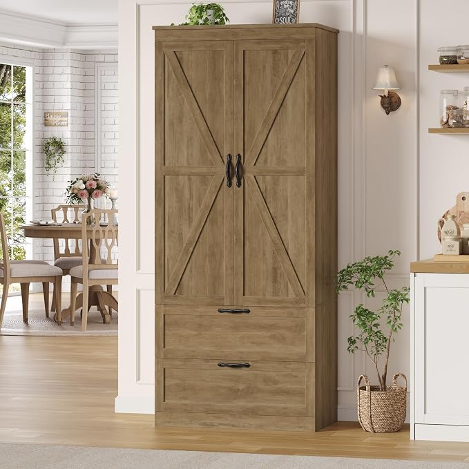 HOSTACK 70" Tall Kitchen Pantry Storage, Barn Doors Pantry Cabinet - Image 2