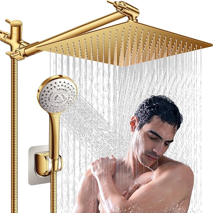 Shower Head, Powerful Shower Spray Against Low Pressure Water-Brushed Gold by PINWIN