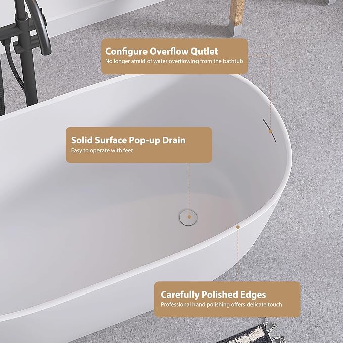 SJ STAR&JANE 47" Solid Surface Freestanding Bathtub Modern Stone Resin Oval - Image 4