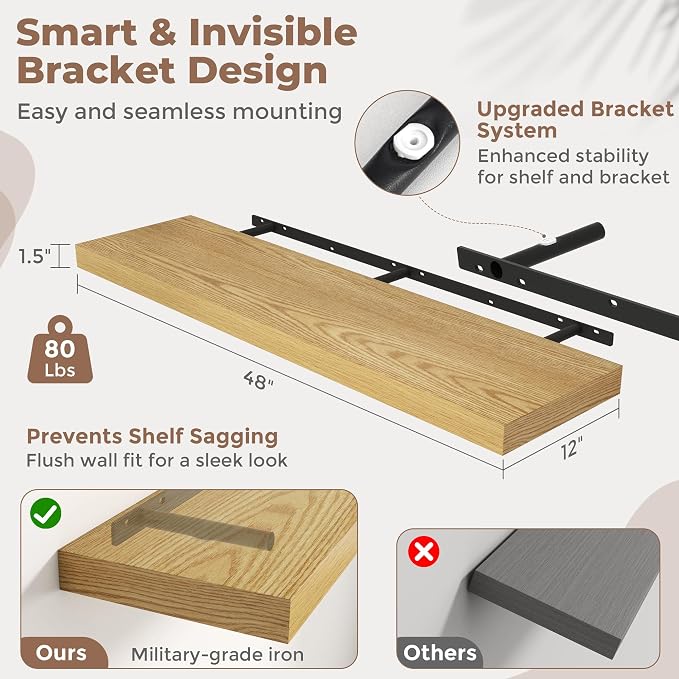 48 Inch Long Floating Shelves for Wall Set of 2, Easy Install Engineered Wood - Image 3
