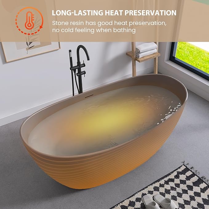 SJ STAR&JANE 65" Solid Surface Freestanding Bathtub Stone Resin Soaking Tub - Image 4