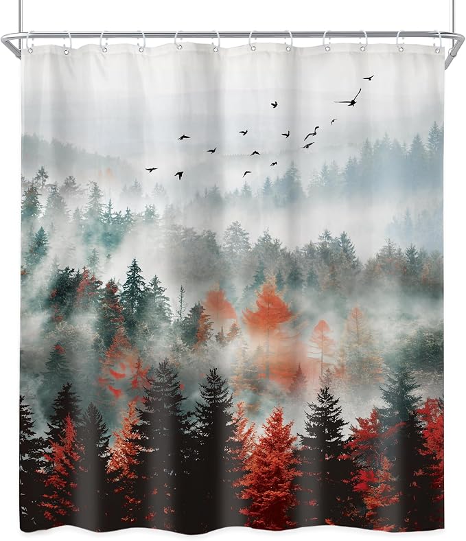 Riyidecor Red Green Mountain Shower Curtain 60Wx72H Inch Black Nature Woodland - Image 8