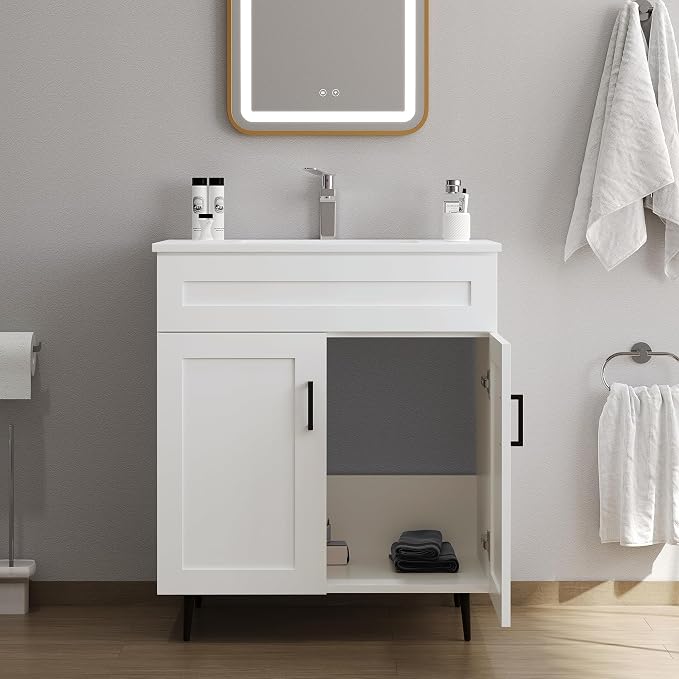 30" Bathroom Vanity with Sink, Freestanding Wooden Bathroom Vanity with 2 Doors - Image 5
