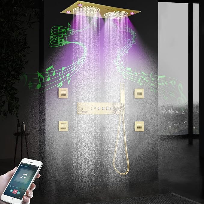 Brushed Gold Thermostatic Rain LED Shower System - Image 4