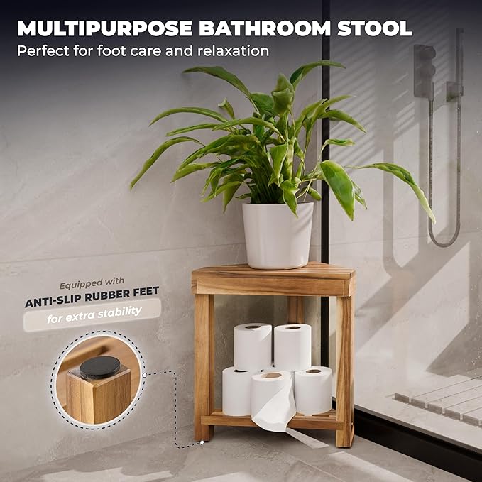 BLUEWEST 16.4" Shower Foot Rest, Corner Shower Stool, Wooden Shower Foot Stool - Image 6