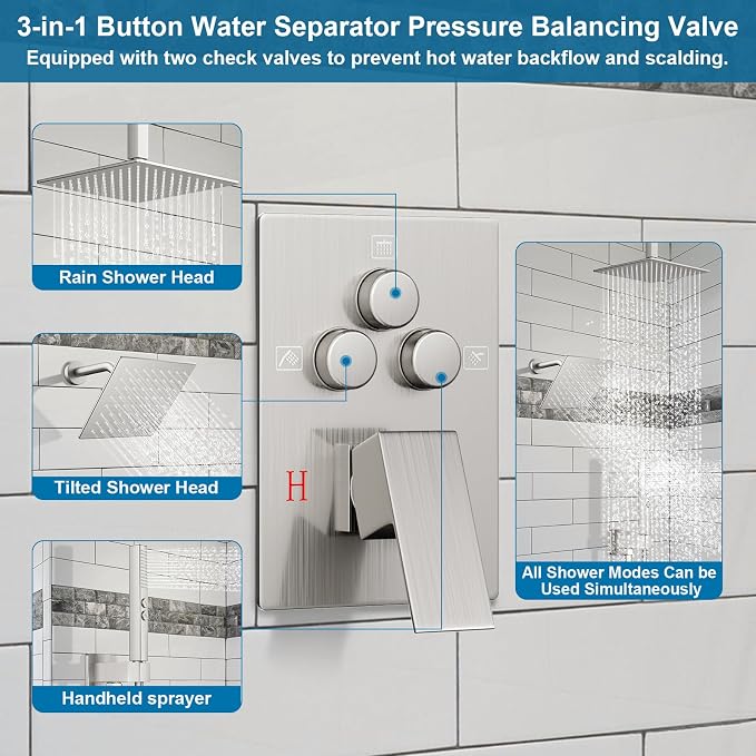 Shower Faucet Set Brushed Nickel Shower System, Ceiling Mount 12 Inch Shower - Image 3