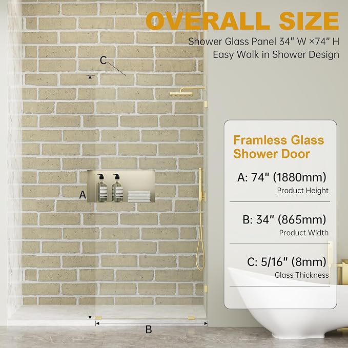 Frameless Fixed Shower Screen 34" W × 74" H, Shower Glass Panel, 5/16" SGCC - Image 5