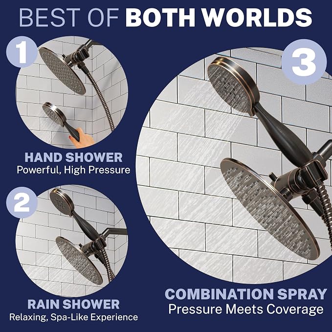 HammerHead Showers Dual Shower Head Combo, 8-Inch Rainfall & 3-Flow Handheld - Image 3