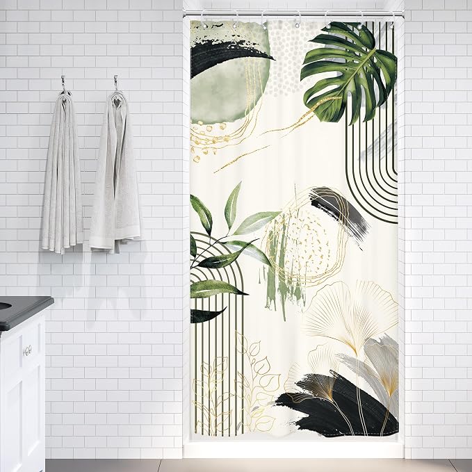 Grey Green Boho Small Shower Curtain 36Wx72H Stall RV Narrow Tropical Palm - Image 2